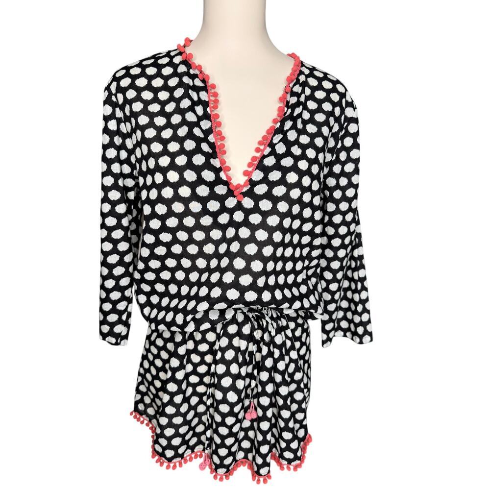 Shiraleah Chicago Polka Dot Cotton Cover Up Tunic Pom Trim Belted Medium